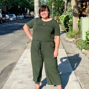 Cropped Short Sleeve Olive Jumpsuit